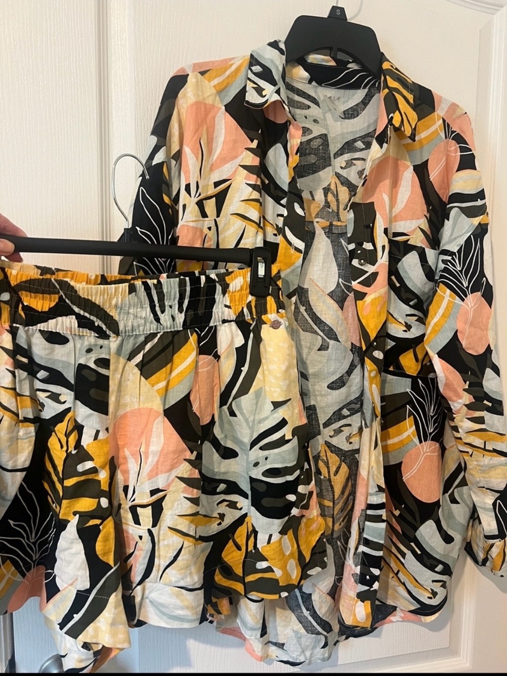 Two piece High-Waist Tropical Leaf Print Shorts and Top set in Black & Mustard